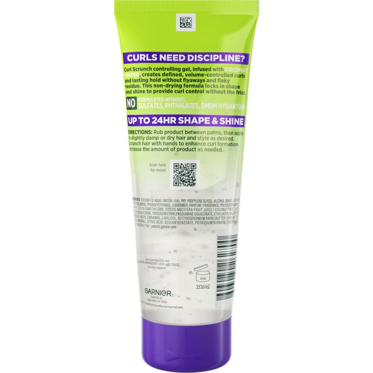 Back of Garnier Fructis Curl Scrunch Controlling Gel showing ingredients and directions.